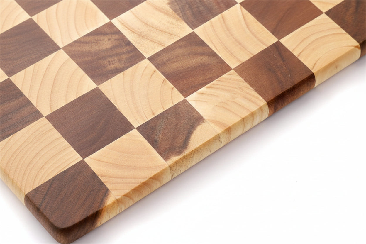 Wooden cutting board with checkered pattern on a white background
