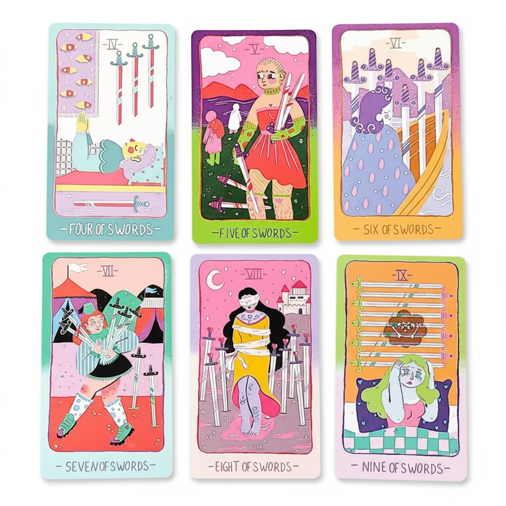 Set of colorful tarot cards displayed on a white surface 