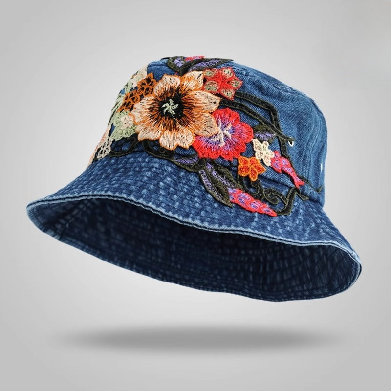 Sunset Stitch - Floral Embroidery Denim Bucket Hat Shop name