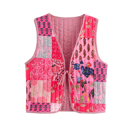 Retro Quilted Patchwork Print Vest Shop name