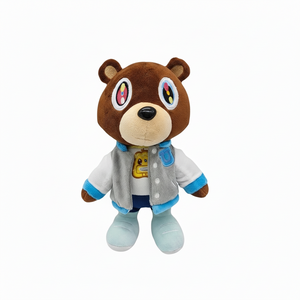 Yeezy Kanye West Plush toy bear wearing a jacket with colorful eyes on a white background