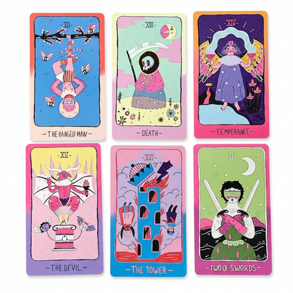Set of tarot cards with colorful illustrations and text on a white surface.