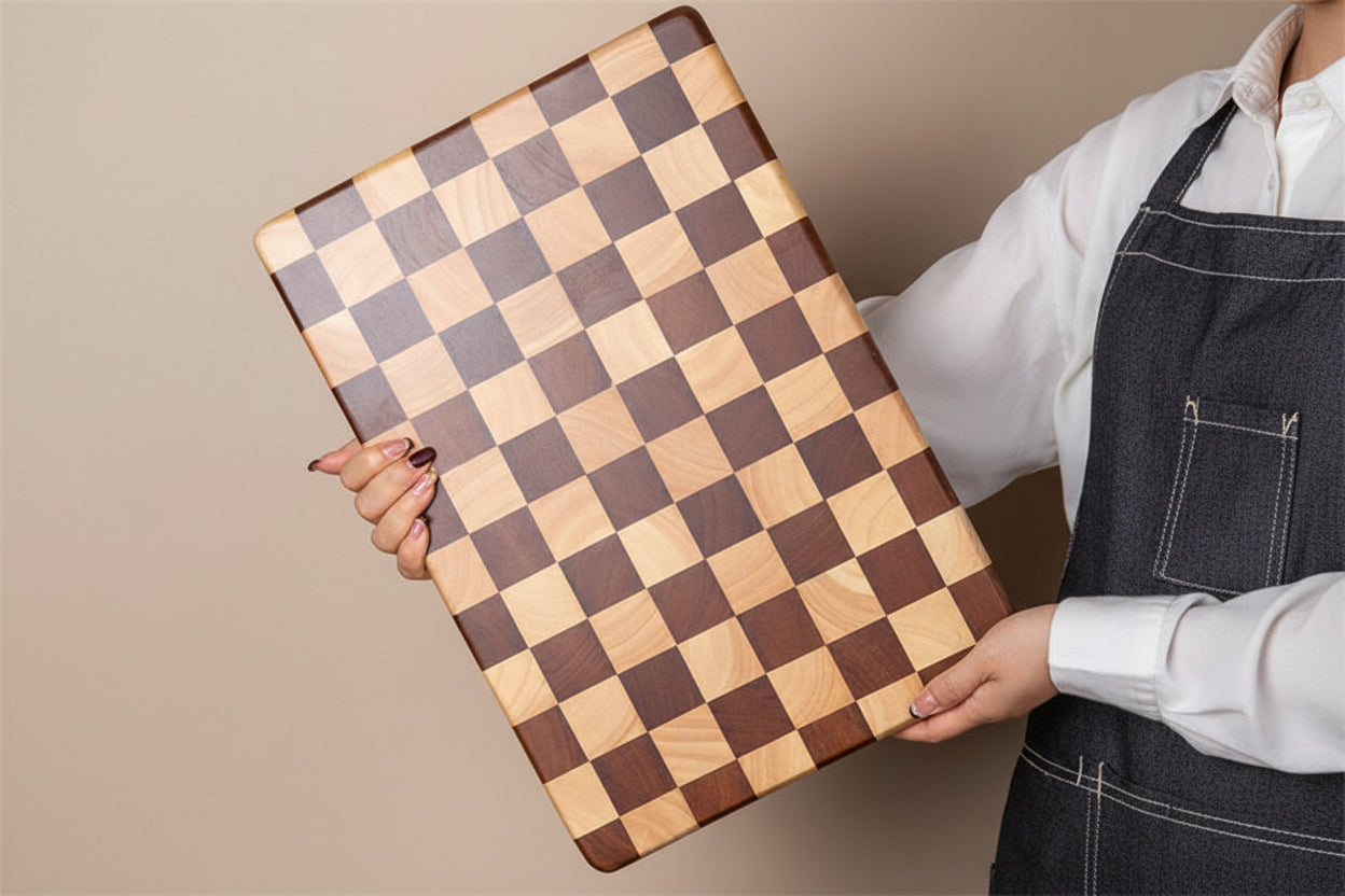 Checkered wooden cutting board held by a person against a beige background
