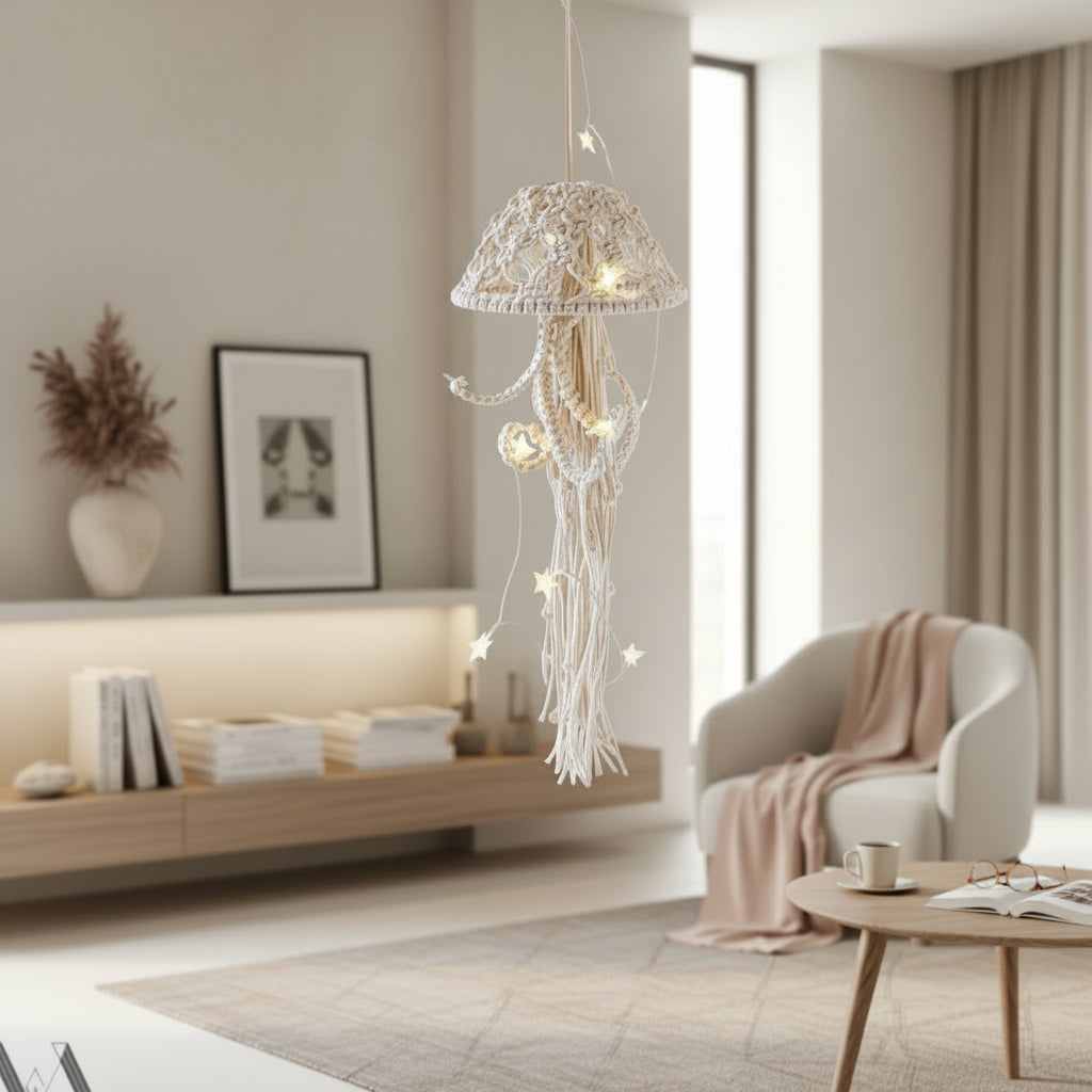 Jellyfish-shaped lamp hanging in a modern coastal themed room.