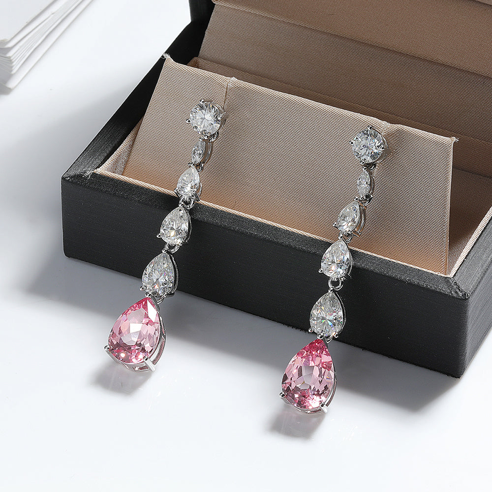 Pink Cultivated Diamond Long Tassel 100% S925 Sterling Silver Moissanite Drop Earrings 16.98ct