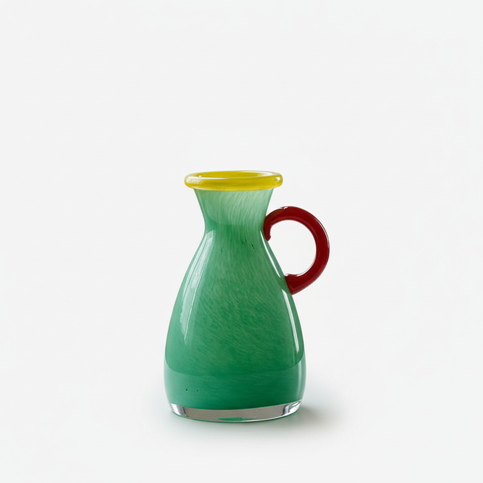 Green glass decorative vase with a red handle on a white background