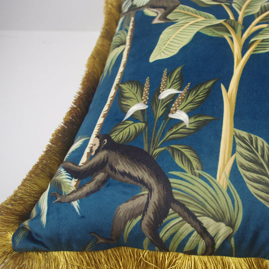 Tropical Jungle Monkey Print Emerald Green Tassel Cushion Koda Store