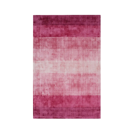 Rectangular pink and white striped rug on a white background