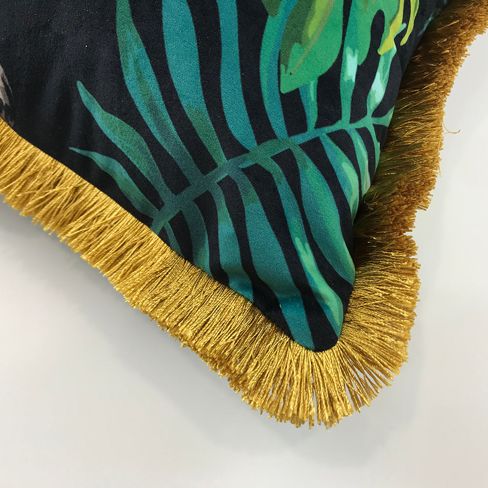 Tropical Jungle Snow Leopard Print Emerald Green Tassel Cushion Koda Store
