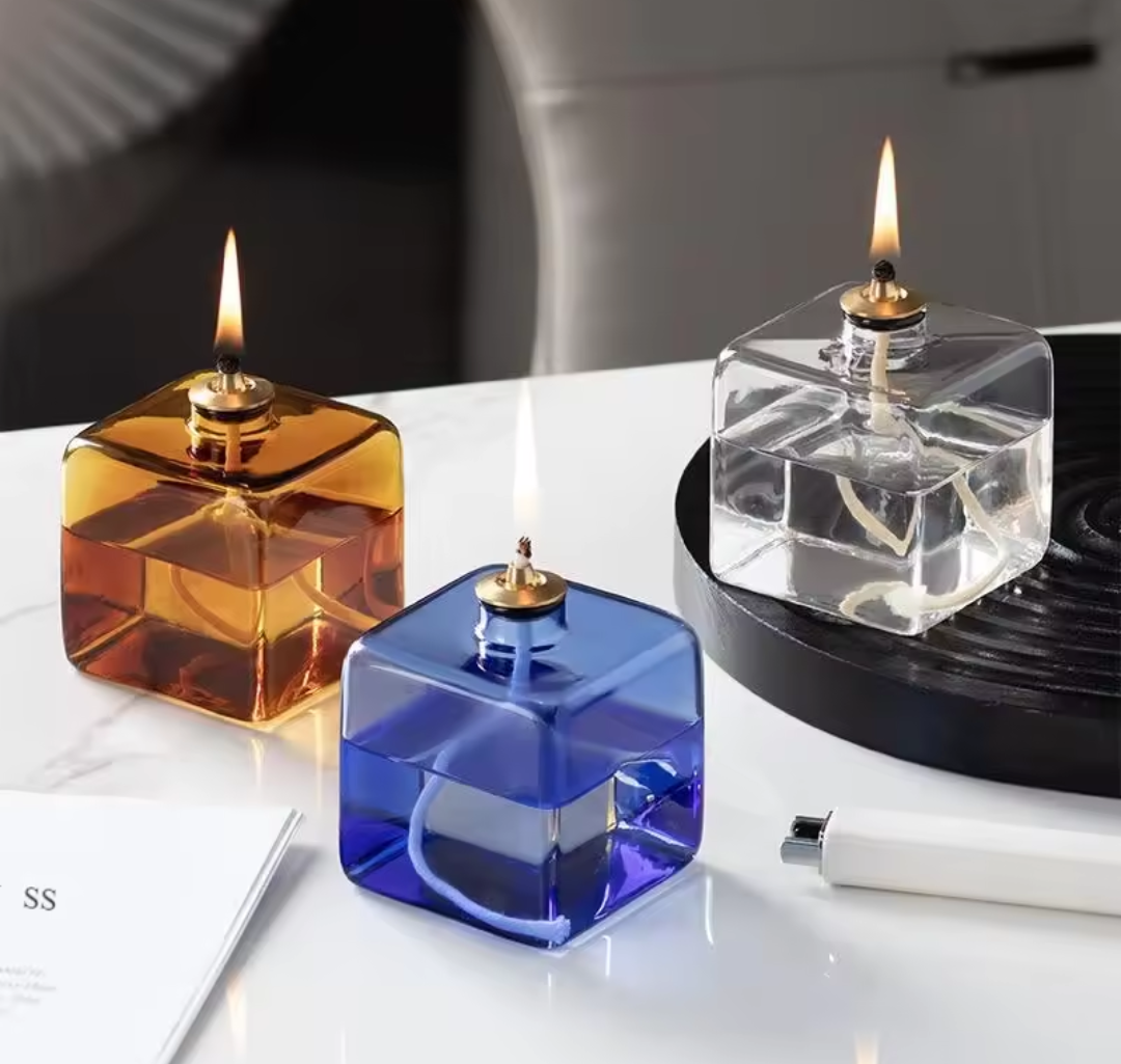 Refillable Glass Cube Oil Lamp - Petite Long-Burn Candle