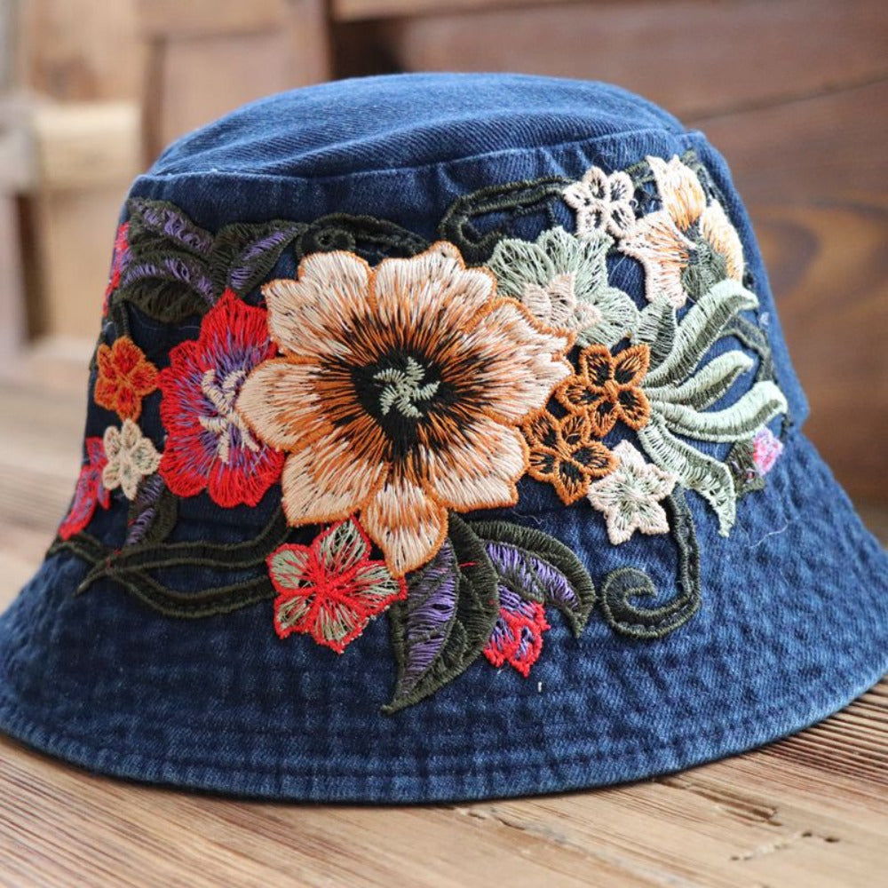 Sunset Stitch - Floral Embroidery Denim Bucket Hat Shop name