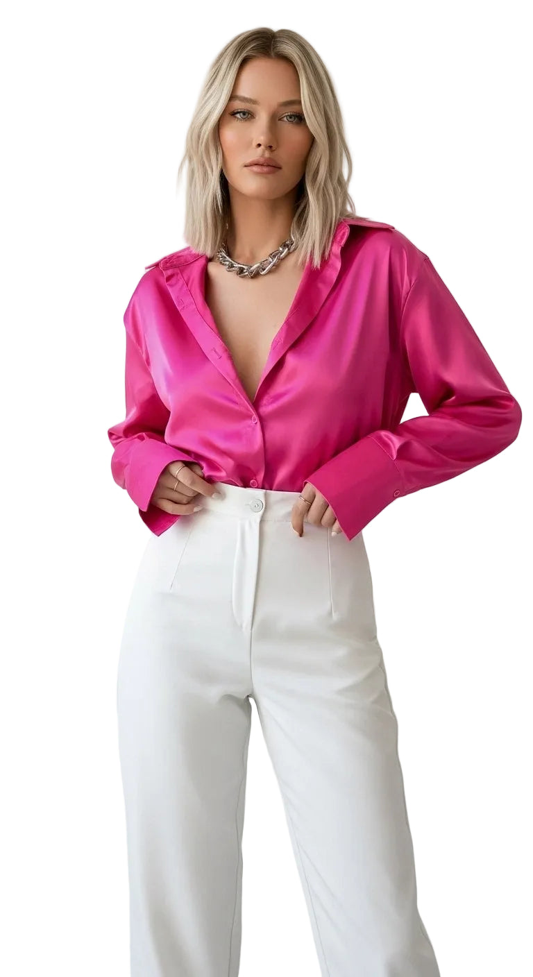 Vintage Lapel Satin Blouse in Rose Pink