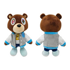 Plush toy bear with a gray vest and blue accents on a white background