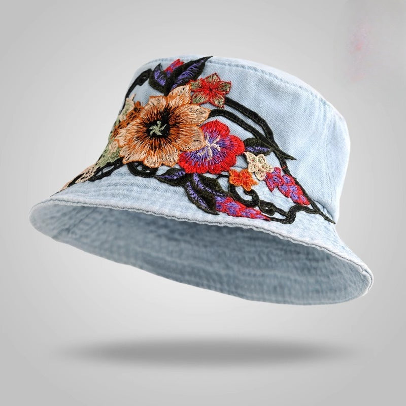 Sunset Stitch - Floral Embroidery Denim Bucket Hat Shop name
