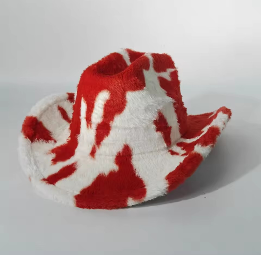 The ‘Dakota’ Cow Print Cowboy Hat // Vegan Plush Western Festival Edition