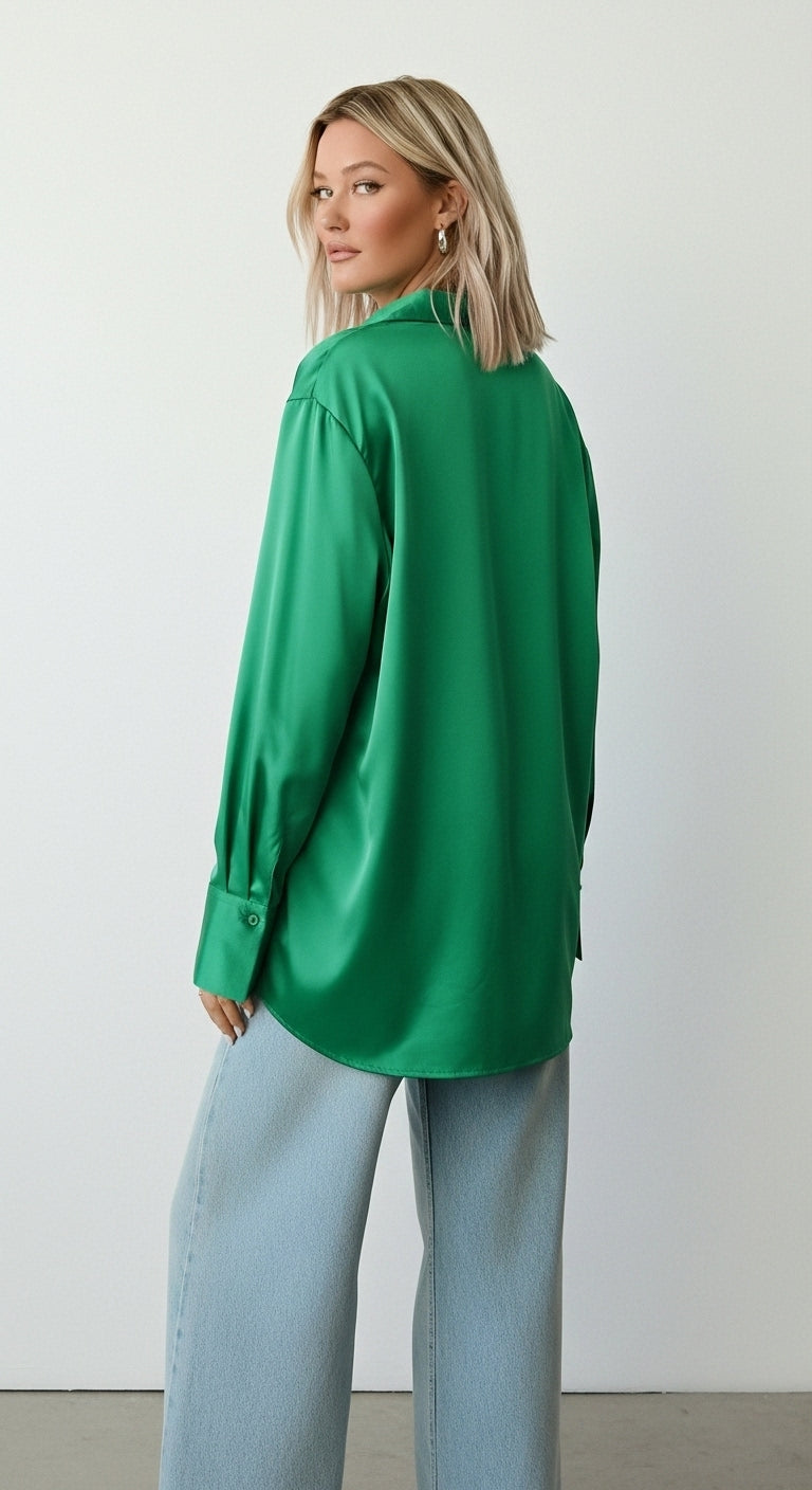 Vintage Lapel Satin Blouse in Emerald Green