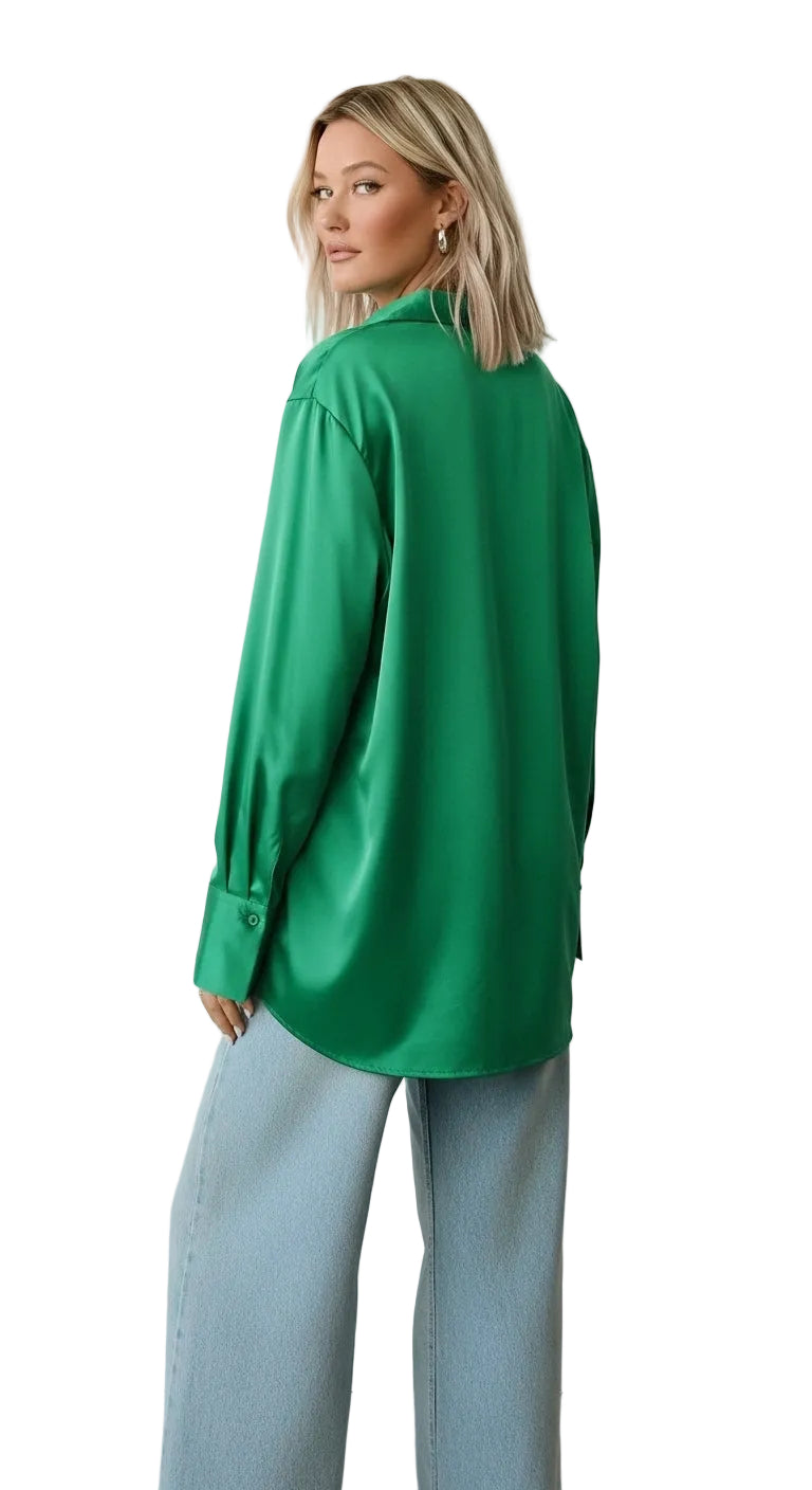 Vintage Lapel Satin Blouse in Emerald Green
