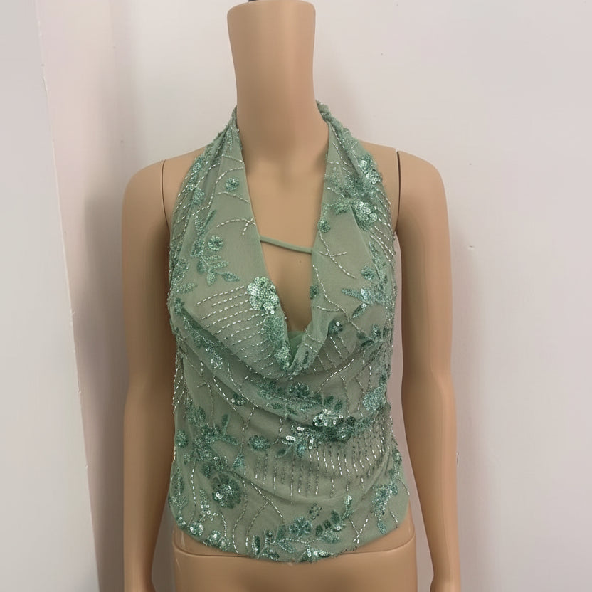 The Lyra // Embroidered Botanical Halter-Neck in Moss Green