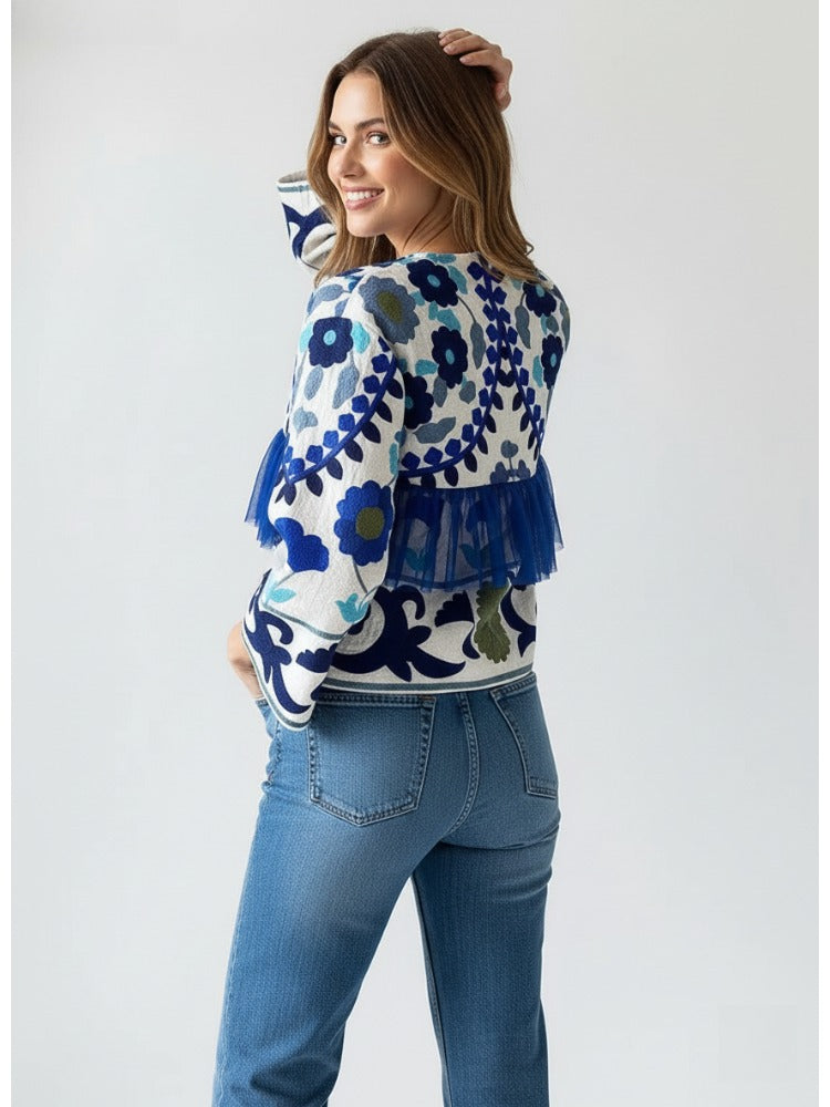 The Elara Floral Mixed-Media Jacket – Azure Blue Collarless Boho Coatigan