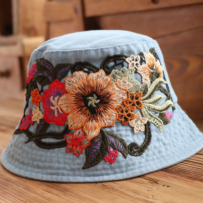 Sunset Stitch - Floral Embroidery Denim Bucket Hat Shop name