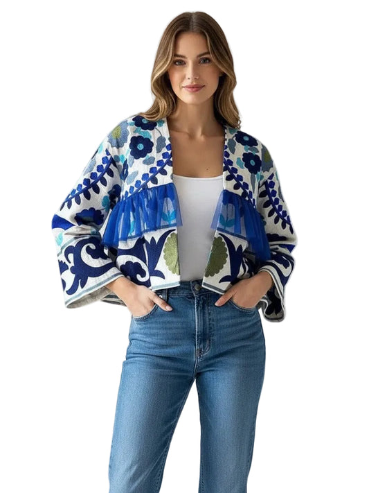 The Elara Floral Mixed-Media Jacket – Azure Blue Collarless Boho Coatigan