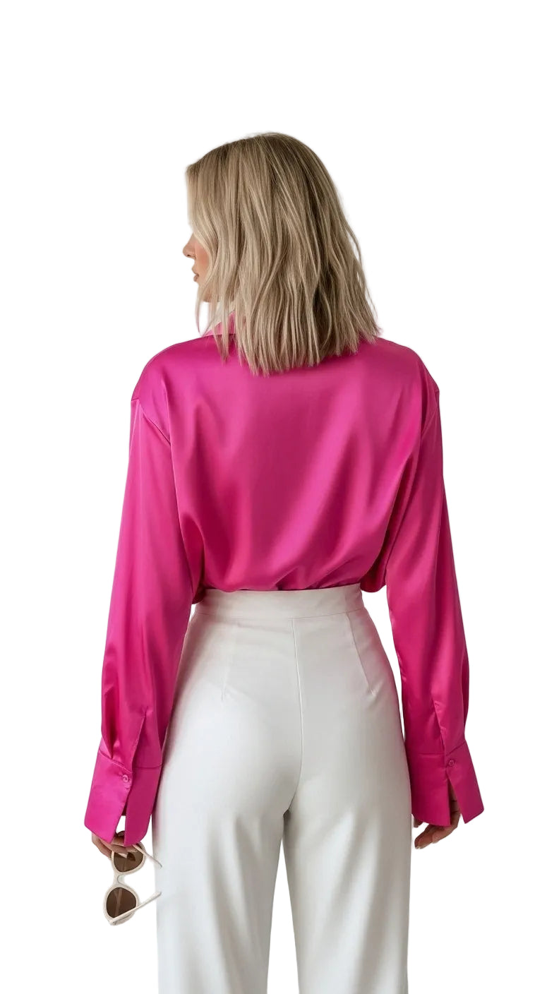 Vintage Lapel Satin Blouse in Rose Pink