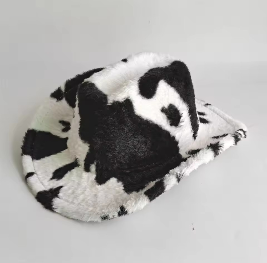 The ‘Dakota’ Cow Print Cowboy Hat // Vegan Plush Western Festival Edition