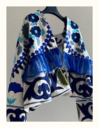 The Elara Floral Mixed-Media Jacket – Azure Blue Collarless Boho Coatigan