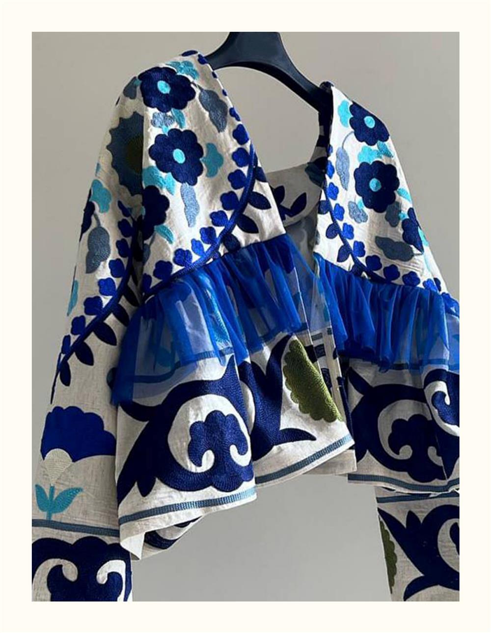 The Elara Floral Mixed-Media Jacket – Azure Blue Collarless Boho Coatigan