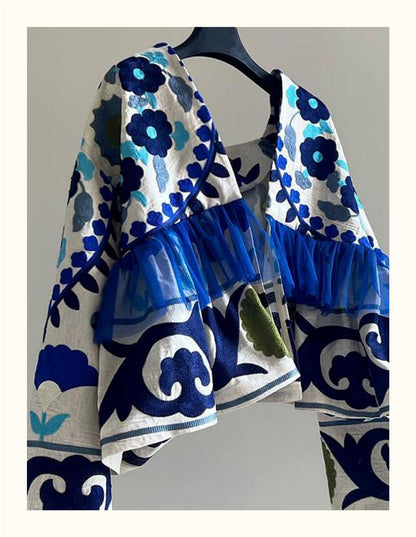 The Elara Floral Mixed-Media Jacket – Azure Blue Collarless Boho Coatigan