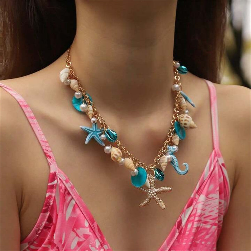 Starfish Seashells Coastal Necklace- Blue Shop name