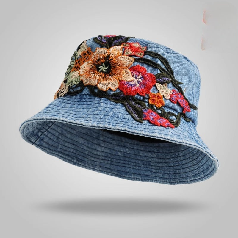 Sunset Stitch - Floral Embroidery Denim Bucket Hat Shop name