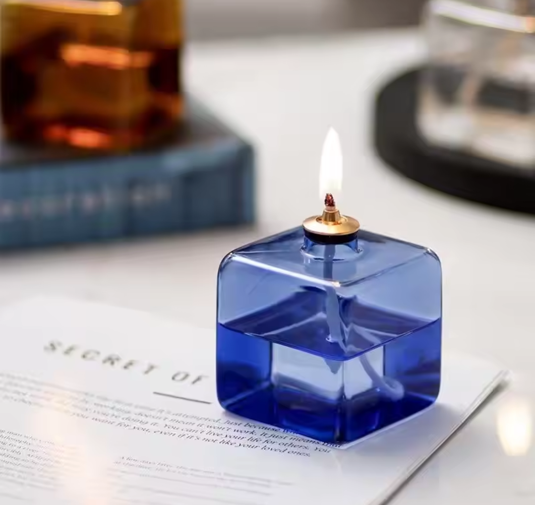 Refillable Glass Cube Oil Lamp - Petite Long-Burn Candle