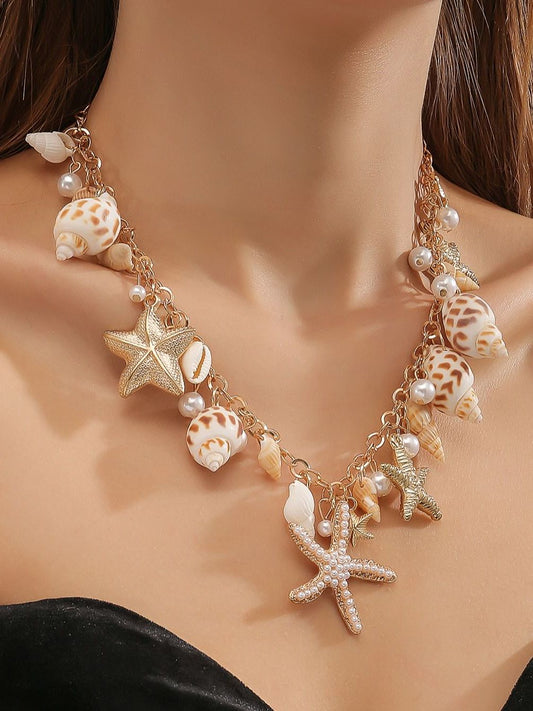 Starfish Seashells Coastal Necklace- Gold Shop name
