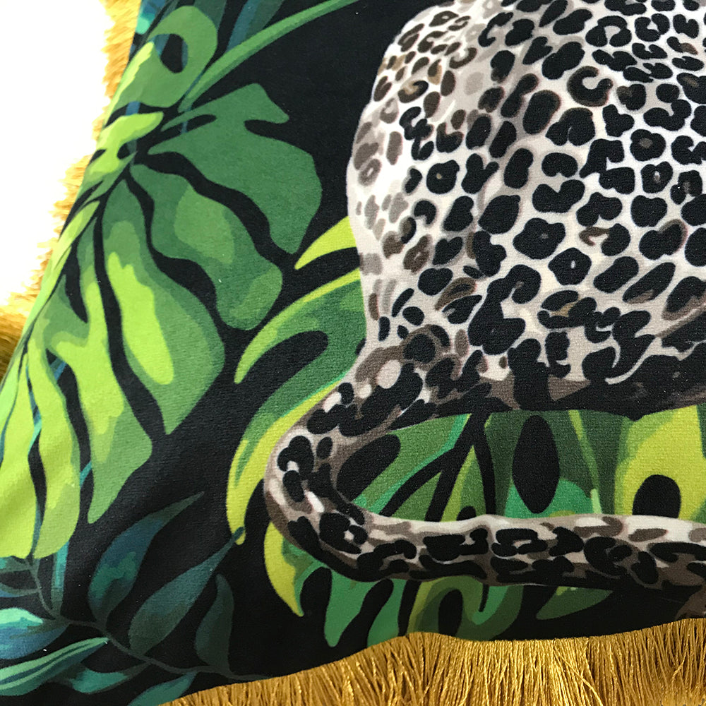 Tropical Jungle Snow Leopard Print Emerald Green Tassel Cushion Koda Store