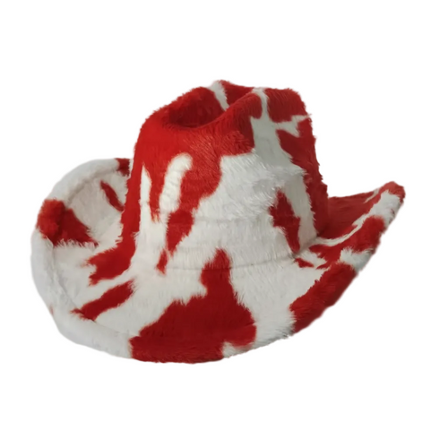 Western Fluffy Red and white cow-print cowboy hat on a white background