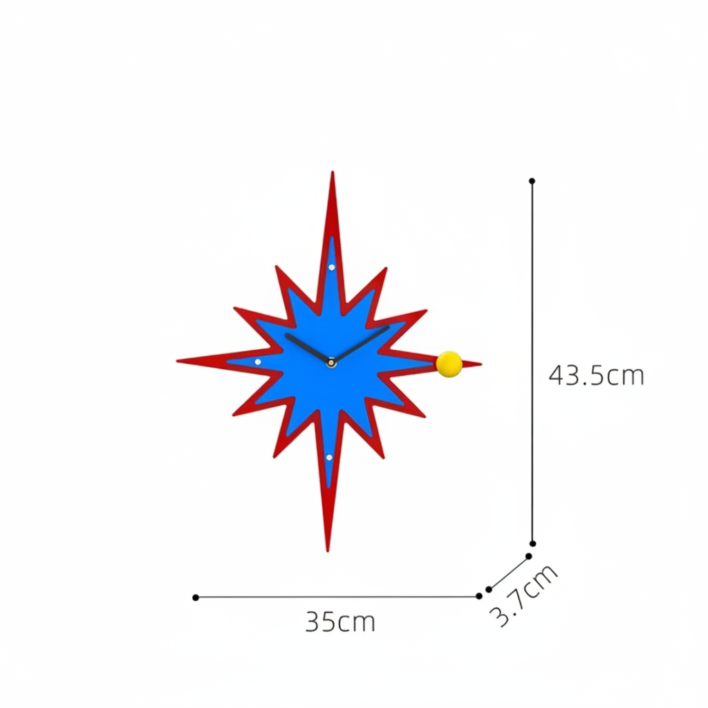 Star-shaped clock with measurements on a black background