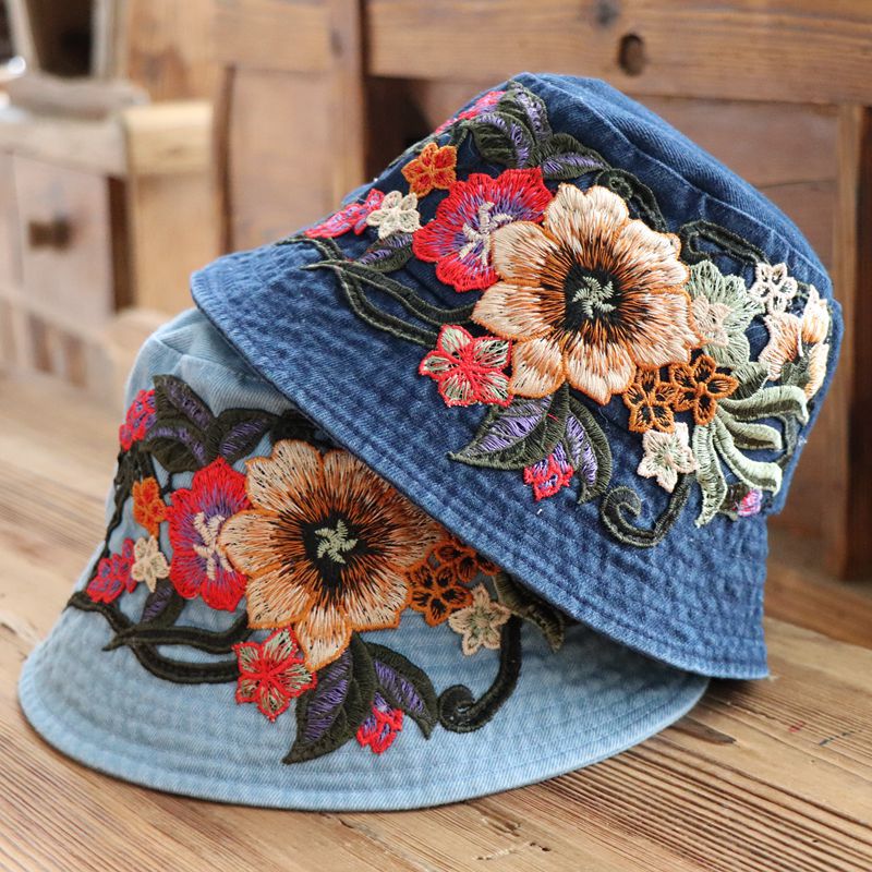 Sunset Stitch - Floral Embroidery Denim Bucket Hat Shop name