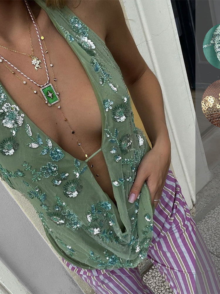 The Lyra // Embroidered Botanical Halter-Neck in Moss Green