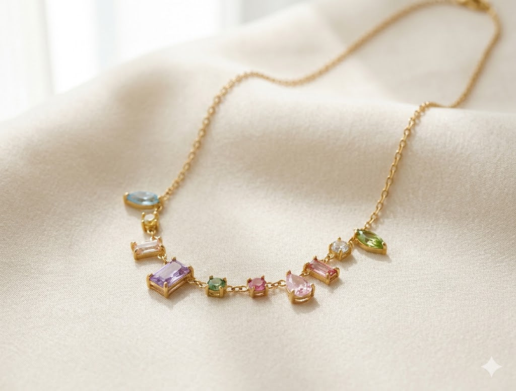 Gold-Plated Multi-Gemstone Pendant Necklace - Pastel Rainbow & White Cubic Zirconia