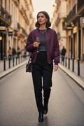 Woman in a purple bomber jacket holding a glass of wine on a city street.