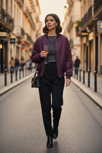 Woman in a purple bomber jacket holding a glass of wine on a city street.