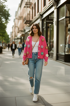 Woman wearing a pink cardigan with floral patterns on a city street.